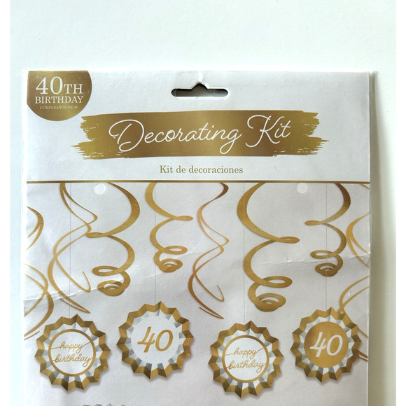 40th Birthday Party Decorations Gold & White 4 Paper Fans 8 Gold Swirls 12pcs - Picture 4 of 6